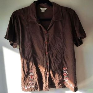 Vintage Floral Embroidered Linen Short Sleeve Button Down